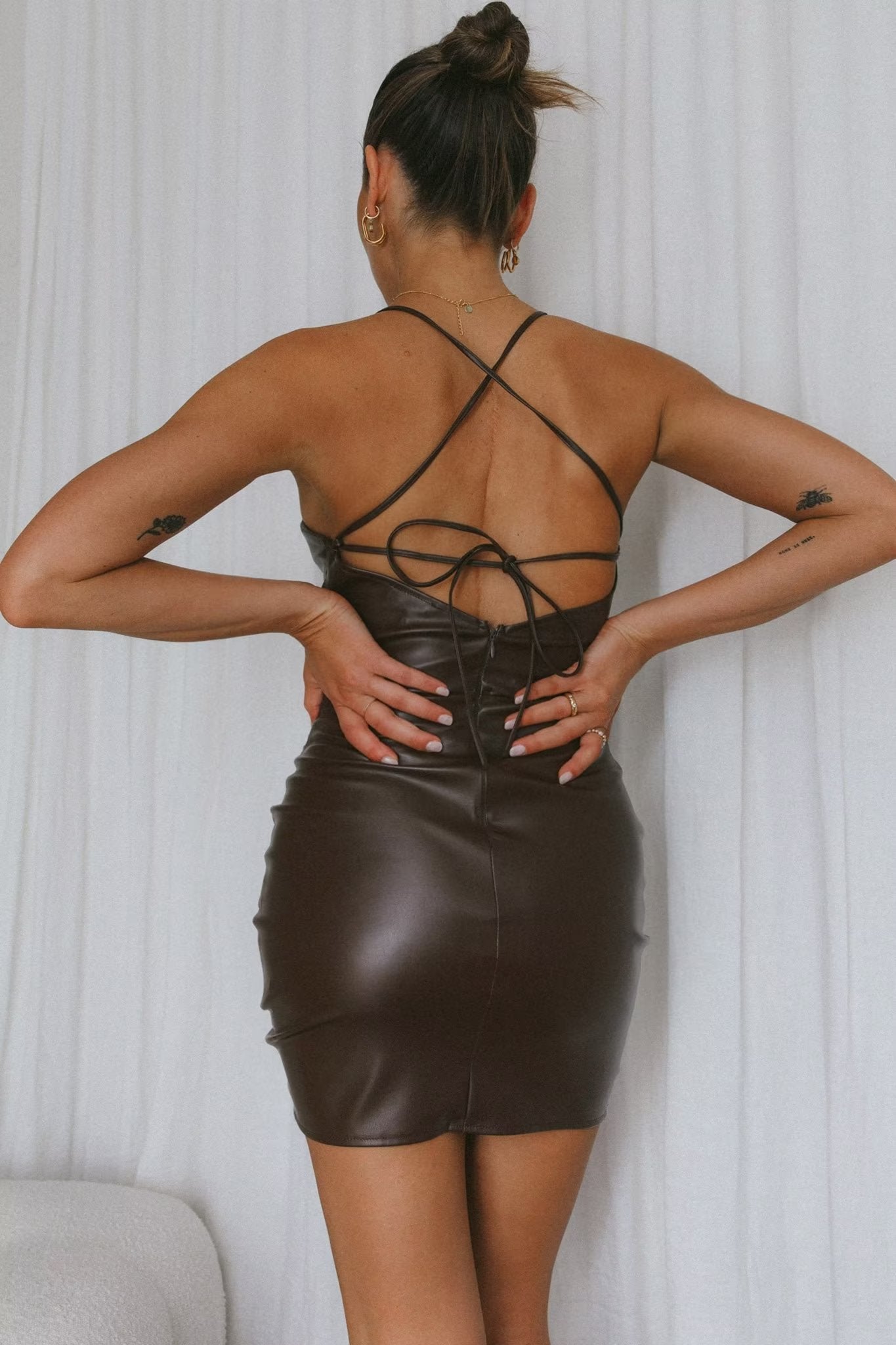 Spring Adult Lady Woman Sexy Side Drawstring Faux Leather Sling Leather Hip Dress Bella Mia